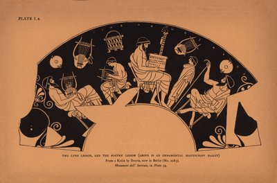 Educación en la Grecia Antigua: La lección de lira, y la lección de poesía, arriba es una cesta manuscrita ornamental (litografía) de English School