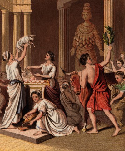 Antiguos griegos con sus animales en un templo (chromolitho) de English School