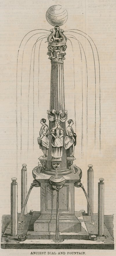 Reloj de sol y fuente antiguos, erigidos en 1656 en Leadenhall Corner, Londres de English School