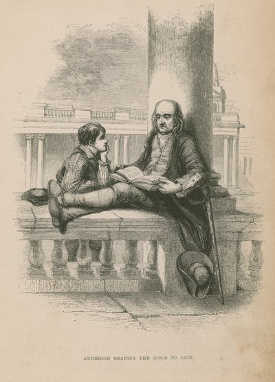 Anderson leyendo la Biblia a Jack; ilustración de Poor Jack por Frederick Marryat de English School