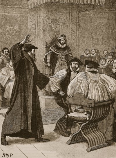 Andrew Melville ante el Consejo Privado Escocés, ilustración de la Historia Ilustrada de Inglaterra de Cassell de English School