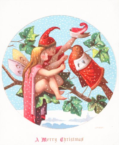 Ángel y Elfo vistiendo a Robin, Tarjeta de Navidad de English School