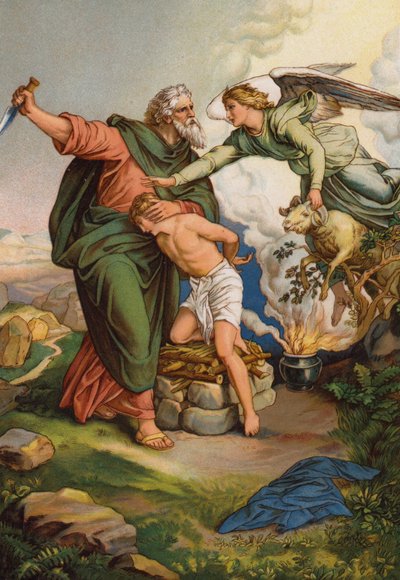 Ángel interviniendo para evitar que Abraham sacrifique a su hijo Isaac (chromolitho) de English School