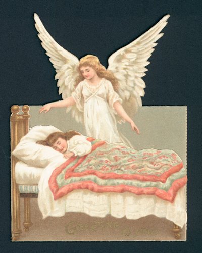 Ángel vigilando a una niña dormida en la cama, recorte victoriano de English School