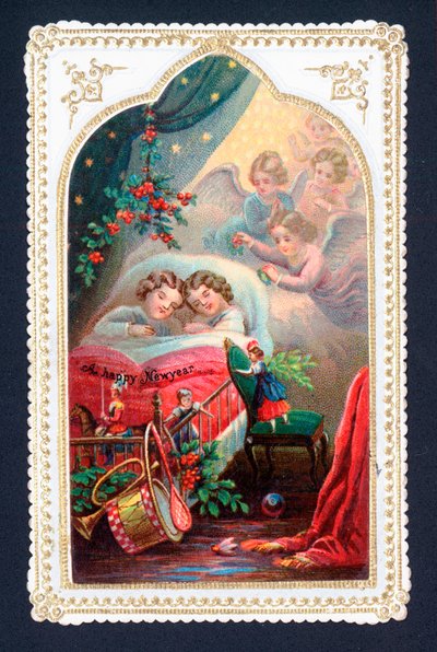Ángeles cuidando a los niños en la cama, tarjeta de Navidad de English School