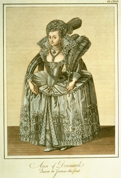 Ana de Dinamarca (1574-1619) esposa de Jacobo I, ilustración de The Complete View of the Dress and Habits of the People of England Volume II, publicado en 1799 de English School