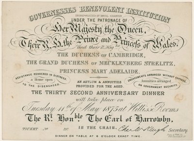Cena de aniversario para la Institución Benevolente de Gobernantas, 1875 de English School