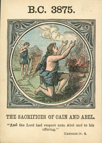 Anno Mundi: 3875 a.C., Los sacrificios de Caín y Abel (litografía en color) de English School