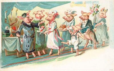 Cerdos antropomórficos siendo recibidos al llegar a una fiesta de English School