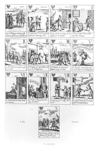 Cartas de juego anticatólicas que conmemoran la Revolución Gloriosa de 1688, palo de corazones de English School