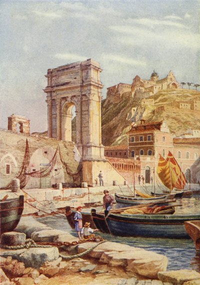 Arco de Trajano y puerto de Ancona, Italia (litografia en color) de English School
