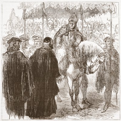 Arzobispo Arundel en Oxford, ilustración de La Historia del Protestantismo de James Aitken Wylie, pub. 1878 de English School