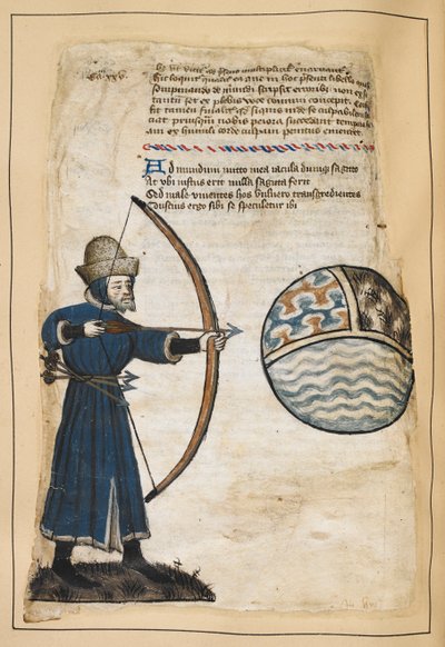 Archer (¿John Gower?) disparando flechas al mundo, para golpear a los malvados, ilustración de 