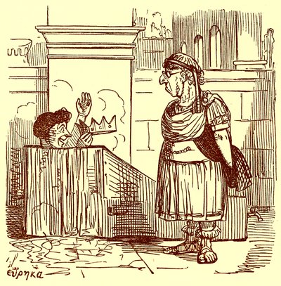 Arquímedes tomando un baño caliente, ilustración de La Historia Cómica de Roma de Gilbert Abbott a Beckett, publicada c.1850 de English School