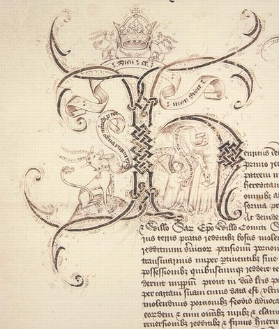 Archivo 11980: Inicial Decorada H del Real Decreto que registra la concesión del Rey Enrique VI al New College Oxford de las propiedades de Newton Longville de English School