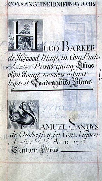 Archivo 3693 f.48 Página que enumera dos benefactores del New College, Oxford; Hugo Barker y Samuel Sandys, de un libro de donaciones de English School