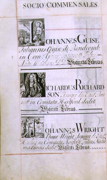 Página del archivo 3693 f.60v que enumera tres benefactores del New College, Oxford; Johannes Guise, Richardus Richardson y Johannes Wright, de un libro de donaciones, 16812-84 de English School