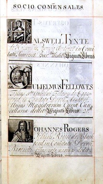 Archivo 3693 f.63 Página que enumera tres benefactores del New College, Oxford; Halswell Tynte, Gulielmus Fellowes y Johannes Rogers, de un libro de donaciones de English School