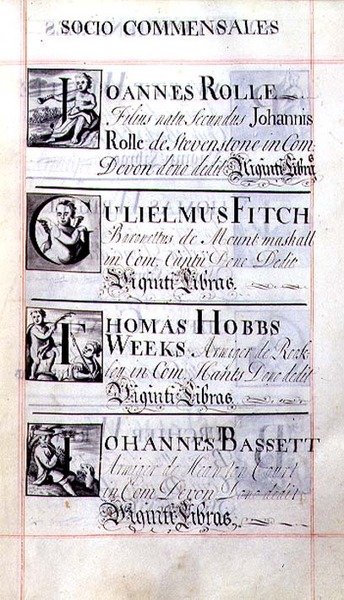 Archivo 3693 f.65 Página que enumera cuatro benefactores del New College, Oxford; Joannes Rolle, Gulielmus Fitch, Thomas Hobbs Weeks y Johannes Bassett, de un libro de donaciones de English School