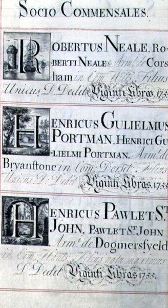 Archivo 3693 f.95 Página que enumera tres benefactores del New College, Oxford; Robertus Neale, Henricus Gulislmus Portman y Henricus Pawlet St. John de English School