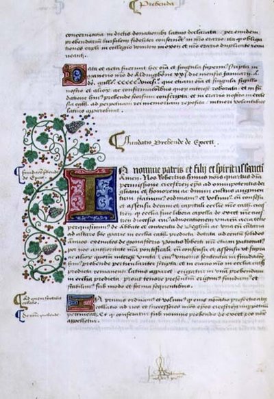 Página de texto con inicial iluminada, del Libro de Fundaciones de Robert Sherborne o Shirburn (c.1450-1536) Obispo de Chichester de English School