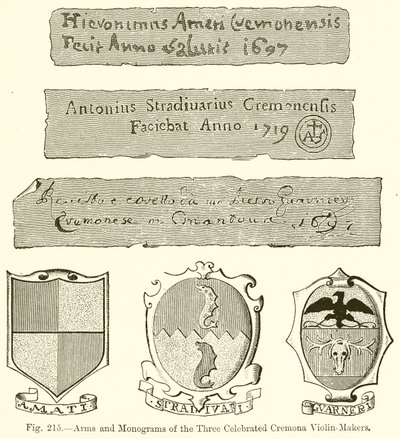 Armas y monogramas de los tres célebres fabricantes de violines de Cremona de English School