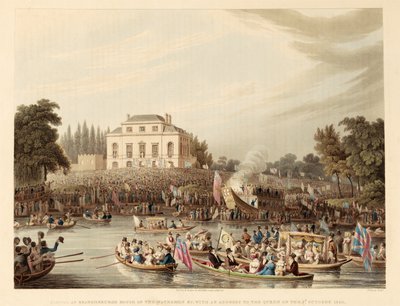 Llegada a la Casa de Brandeburgo de los Barqueros, etc. con una Dirección a la Reina el 3 de octubre de 1820, pub. 1821 (grabado coloreado) de English School