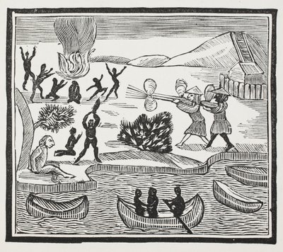 Llegada de salvajes con prisionero cristiano, ilustración de Chap-books del siglo XVIII de John Ashton, pub. 1882 de English School