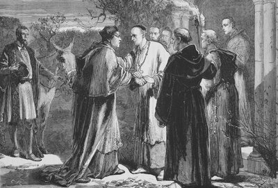 Llegada de Wolsey a la Abadía de Leicester, ilustración de La Historia del Protestantismo de James Aitken Wylie, pub. 1878 de English School