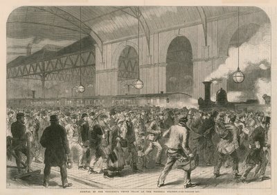 Llegada del tren de un centavo de los trabajadores a la Estación Victoria de English School