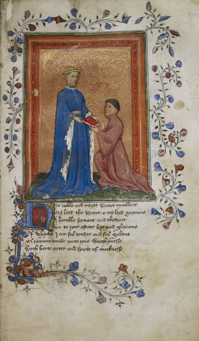 Arundel 38, f.37 Thomas Hoccleve presenta un libro al príncipe Enrique de Lancaster, ilustración de 