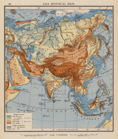Asia, Mapa físico (litografía en color) de English School