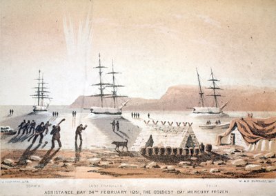 Bahía de Asistencia, 24 de febrero de 1851, el día más frío. Mercurio congelado, ilustración de Viaje a la Bahía de Baffin y el Estrecho de Barrow..., 1852 de English School