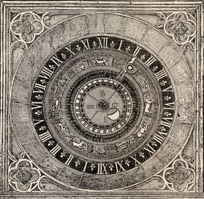 Reloj astronómico en el Palacio de Hampton Court, de la Historia del Palacio de Hampton Court en Tiempos Tudor por Ernest Law, publicado en Londres 1885 de English School