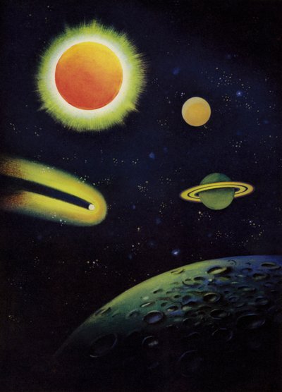 Objetos astronómicos: el Sol, mostrando su corona; los planetas Marte y Saturno; el cometa de Coggia; la superficie de la Luna (lito de color) de English School