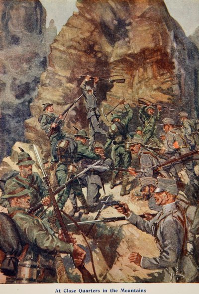 Cuerpo a cuerpo en las montañas, ilustración de Contado en las cabañas: El libro de regalos de la YMCA, publicado en 1916 de English School