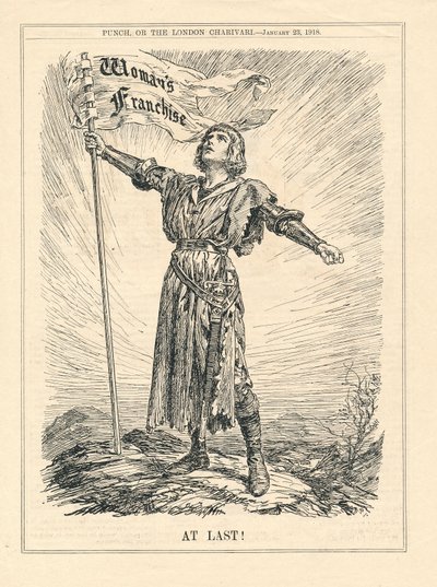 Por fin, ilustración de una guerrera celebrando la Franquicia Femenina, Punch, 23 de enero de English School