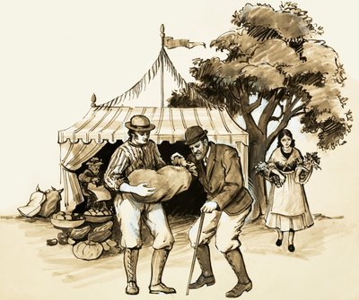 En una feria rural, un granjero sabio revisa sus compras de English School