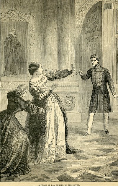 Ataque de Don Miguel a su Hermana, tomado de Cassells Illustrated History of England, 1857-1858 de English School