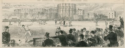 Jugadores de críquet australianos en Kennington Oval: Lord Harris (Capitán del equipo inglés) salvando un 4 de English School
