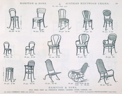 Sillas de Madera Curvada Austriacas del Catálogo de Muebles de Hampton and Sons, 1902, grabado en blanco y negro de English School