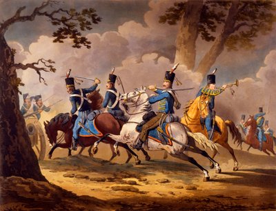 Infantería austríaca defendiendo su artillería de los húsares prusianos, de la serie Acciones de caballería de los aliados durante las campañas napoleónicas publicadas 1799-1802 de English School