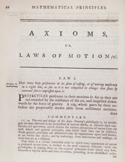 Axiomas o Leyes del Movimiento, del Volumen I de Los principios matemáticos de la filosofía natural de Sir Isaac Newton, 1777 de English School