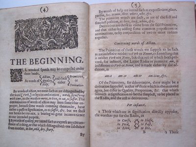 Páginas de The ground-work, or foundation laid, (or so intended) for the framing of a new perfect language: and an universal or commonwriting por Francis Lodowyck, publicado en Londres, 1652 de English School