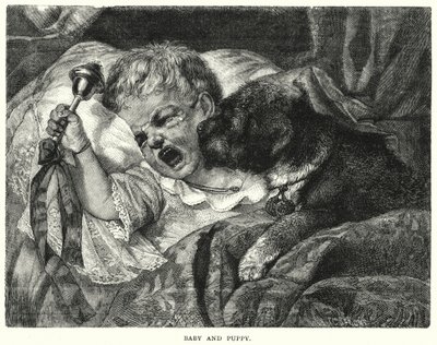 Bebé y cachorro (grabado) de English School
