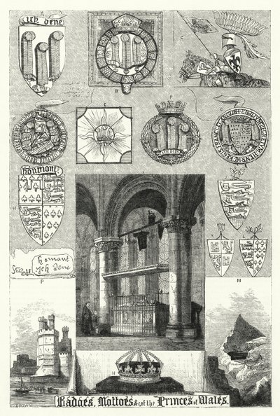 Insignias, lemas, etc. de los Príncipes de Gales (grabado) de English School