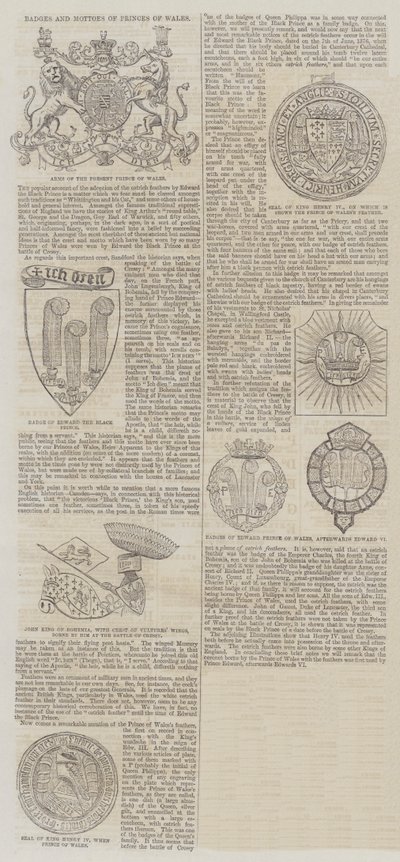 Insignias y lemas de los Príncipes de Gales (grabado) de English School
