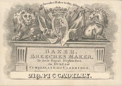 Baker, fabricante de calzones, 219 Piccadilly, tarjeta comercial de English School