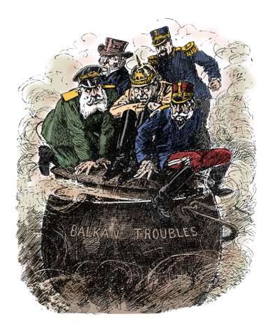 Problemas en los Balcanes - Las grandes potencias europeas representadas por Gran Bretaña, Francia (Armand Fallieres), Rusia (Nicolás II), Alemania (Guillermo II) y Austro-Hungría intentan sofocar los conflictos en los Balcanes cerrando la tapa de la olla  de English School