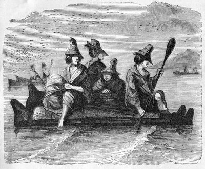 Balsas, o barco de piel, utilizado por los nativos en la costa americana, ilustración de 